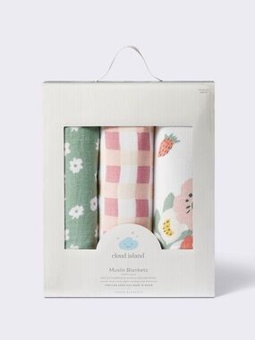 cloud island Green, Pink and White Muslin Baby Blanket Set